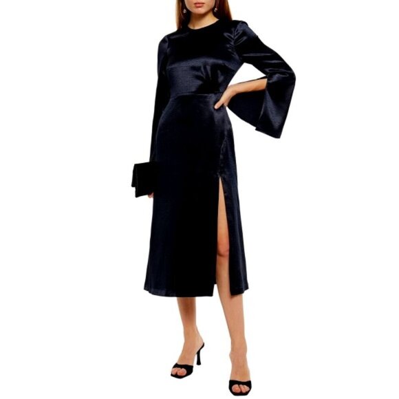 CINQ À SEPT 'Paulena' Hammered-Satin Split-Sleeve Midi-Dress, Navy Blue - Picture 1 of 2
